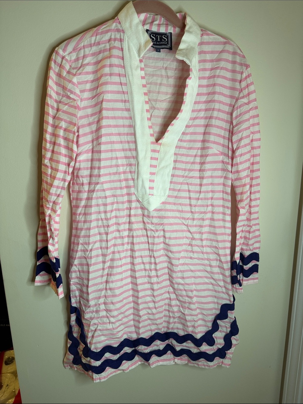 Sail to Sable Pink and White Striped Midi Dress with Navy Trim